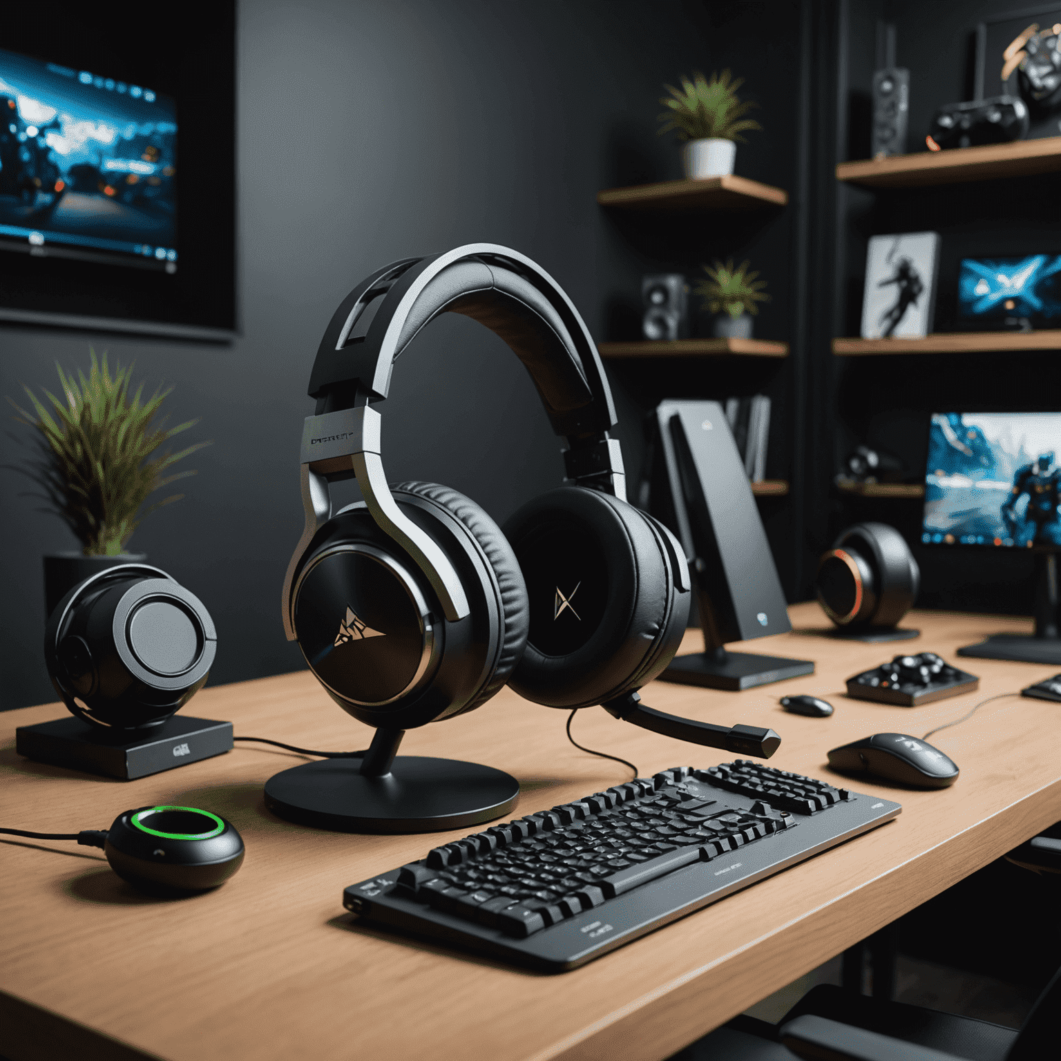 A collection of high-end gaming headsets displayed on a sleek gaming desk, showcasing various designs and features