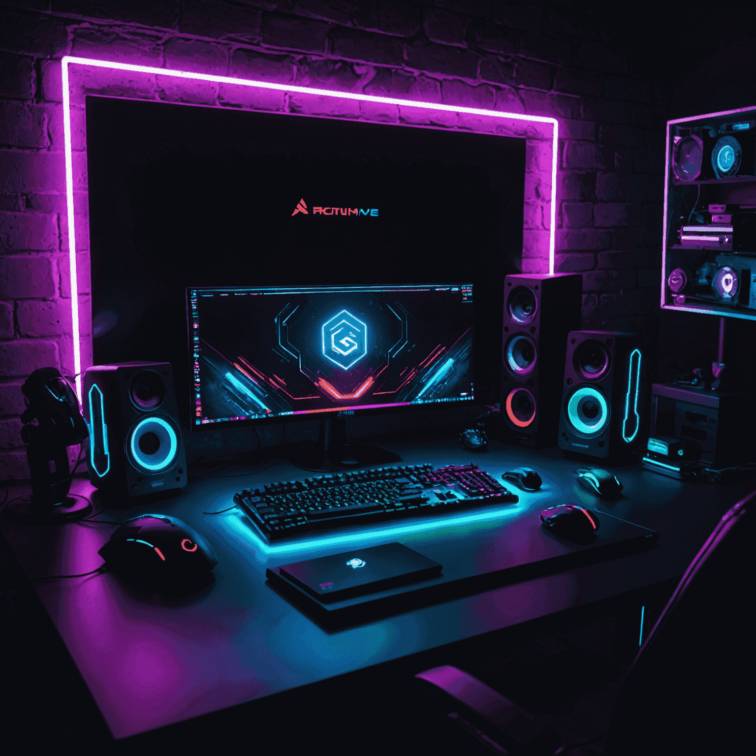 A gaming setup with vibrant RGB lighting illuminating a desk with a gaming PC, keyboard, mouse, and monitor. The room is dark, emphasizing the colorful glow of the RGB lights.