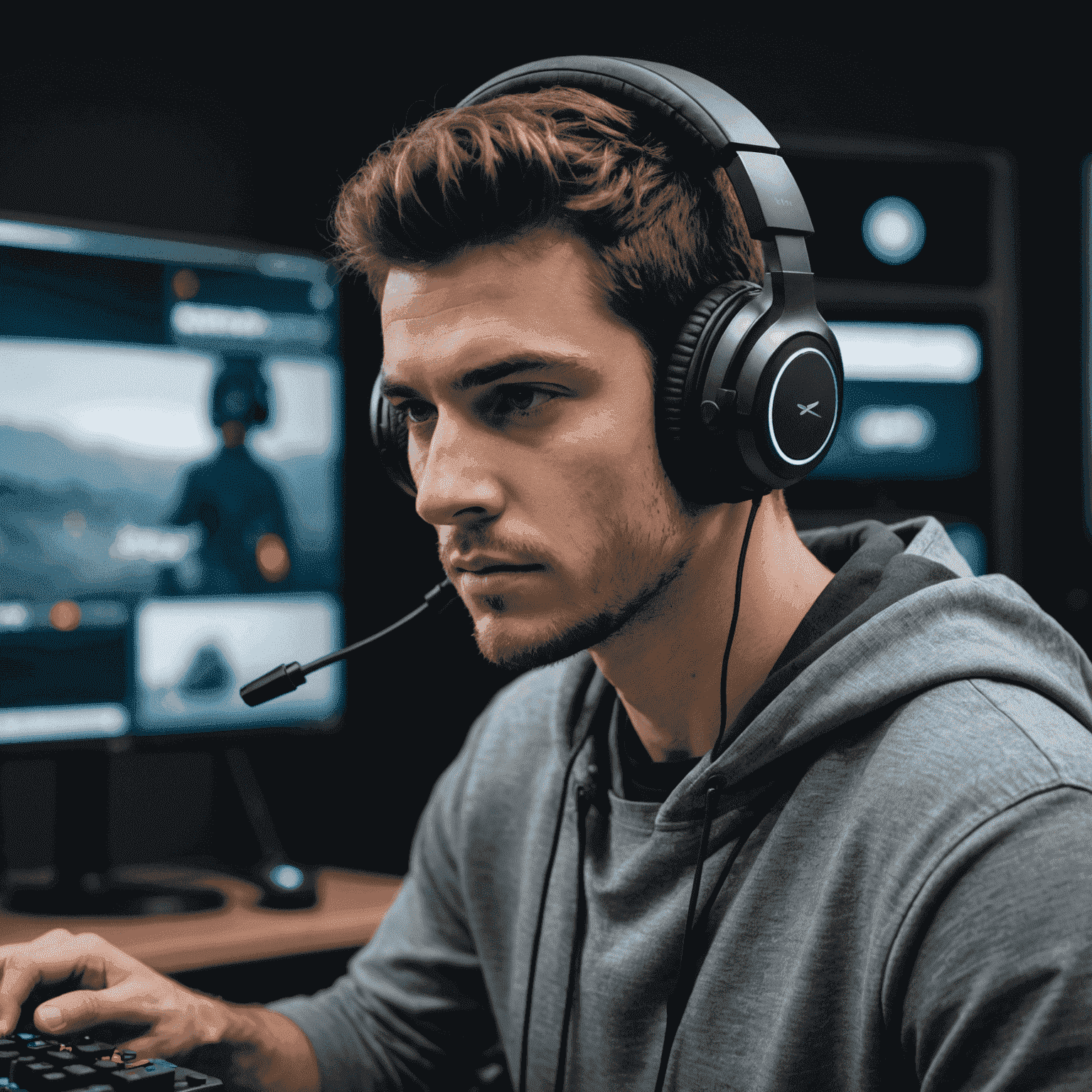 A gamer wearing a sleek black and grey headset, looking comfortable and focused during an intense gaming session