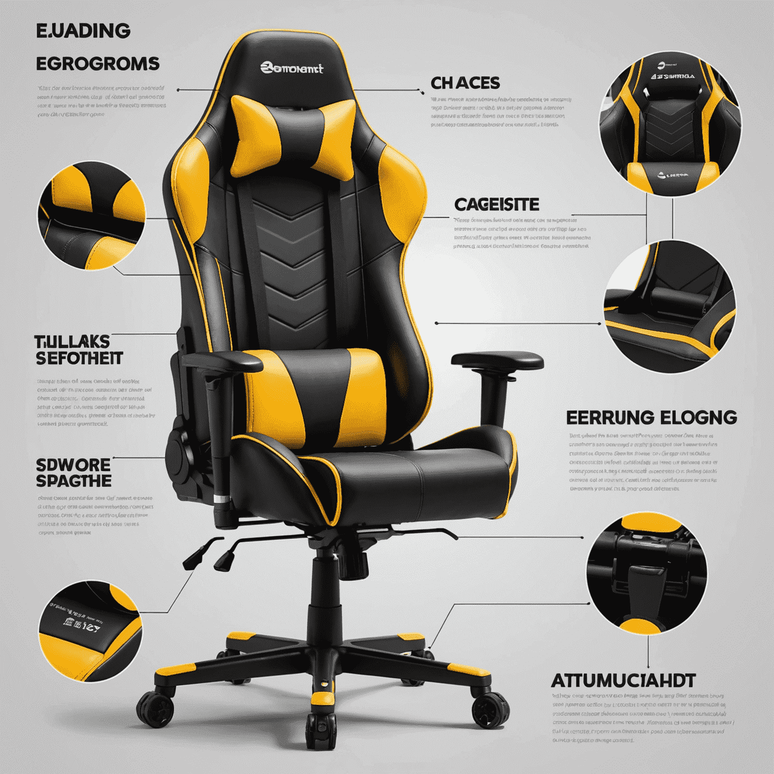 A diagram showcasing the various adjustable features of an ergonomic gaming chair, including lumbar support, headrest, armrests, and seat height adjustment.