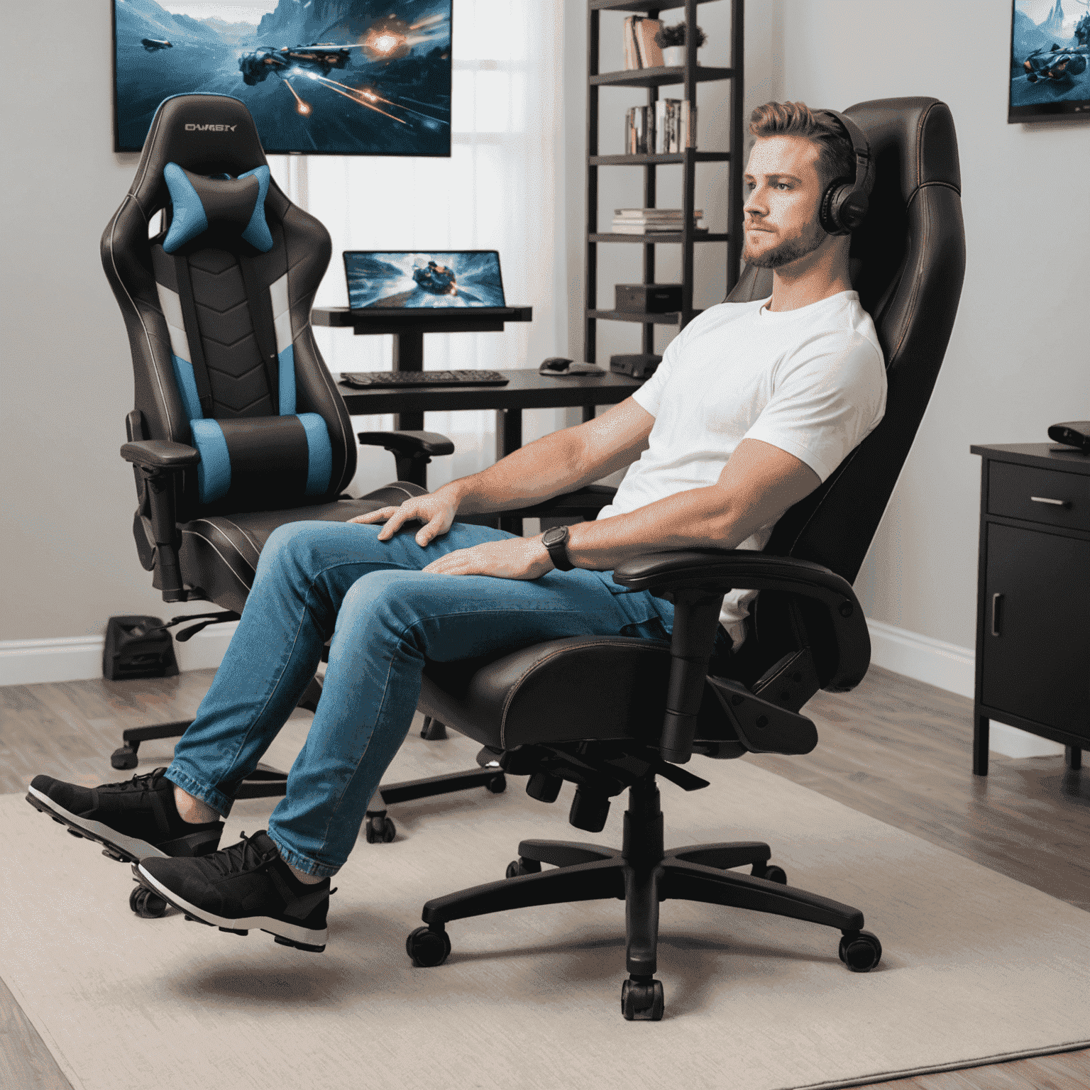 A gamer sitting comfortably in an ergonomic gaming chair, demonstrating proper posture with feet flat on the ground, back straight, and arms properly supported by adjustable armrests.