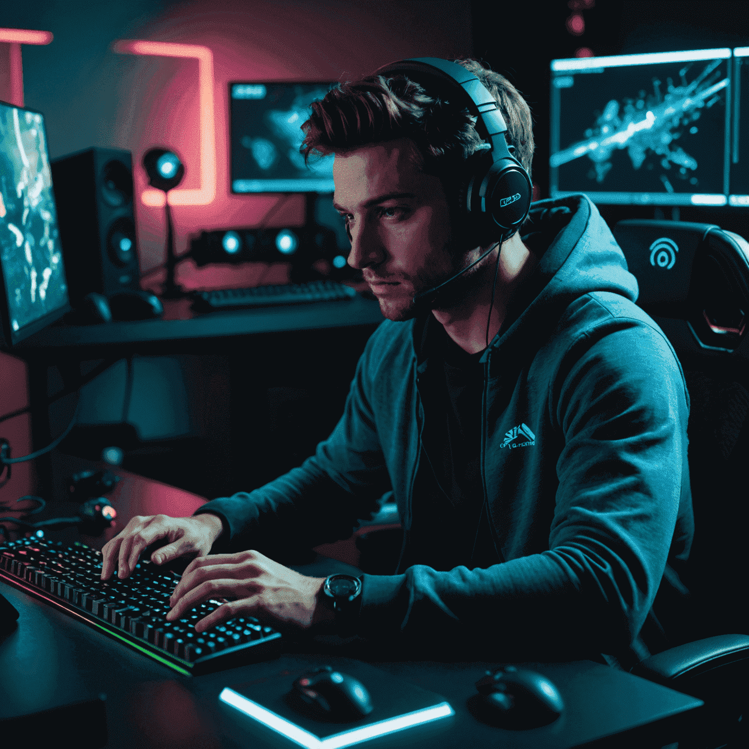 A gamer sitting at a desk with a fully RGB-equipped setup, including keyboard, mouse, headset, and ambient lighting. The image shows the gamer deeply focused on the game, emphasizing the immersive atmosphere created by the lighting.